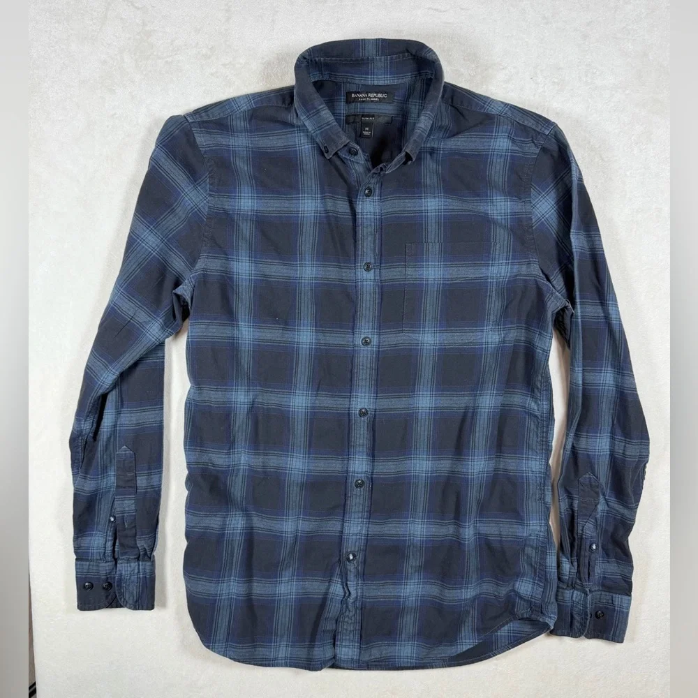 Banana Republic Luxe Flannel Slim Fig Navy and Light Blue Plaid Flannel Shirt